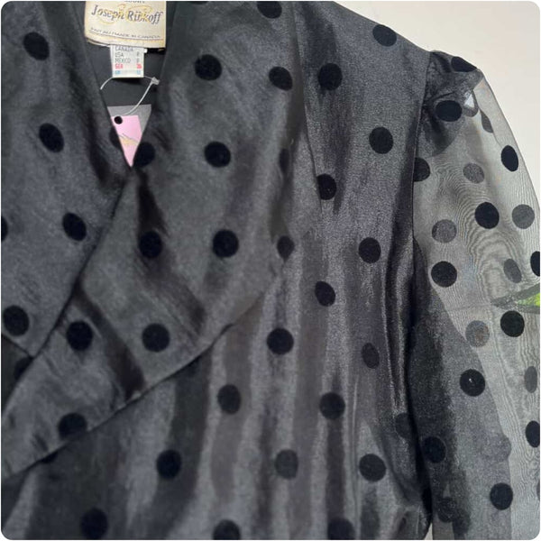 🖤 Vintage 80s Black Polka Dot Whimsy Goth Blazer Top - Sheer Puff Sleeves - S