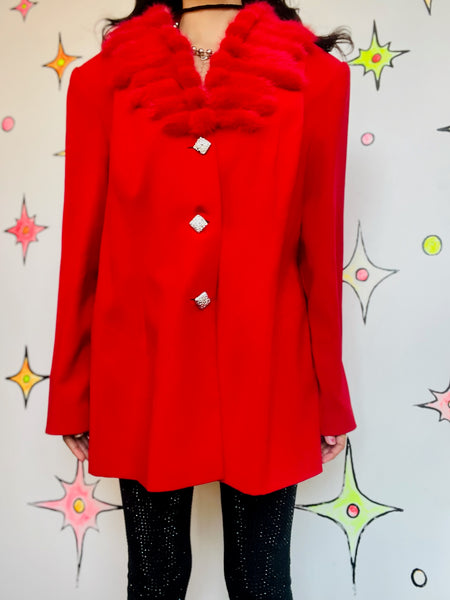 Vintage 80s Cherry Red Christmas Holiday Party Blazer – Glam Feather Trim XL+