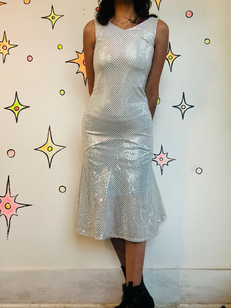 Vintage Metallic Silver Flapper Disco Party Dress – 1920s-Inspired Glam – XS/S