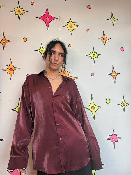 Vintage Burgundy Iridescent Party Shirt 90s Satin Lounge Button Up Men's XL