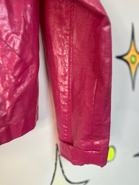 Vintage Pink Glossy Vinyl Zip-Up Barbie Moto Jacket | 90s Plastic Coat | L