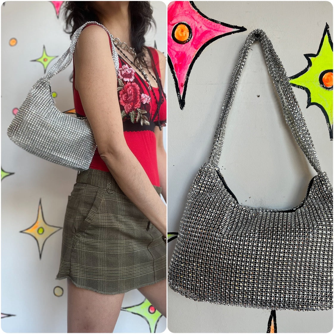 Vintage Y2K | Silver Rhinestone Chainmail Beaded Handbag Fairy Grunge McBling