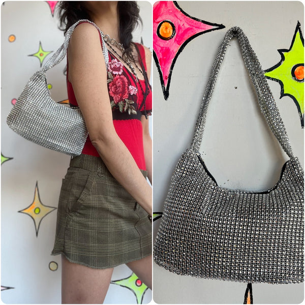 Vintage Y2K | Silver Rhinestone Chainmail Beaded Handbag Fairy Grunge McBling