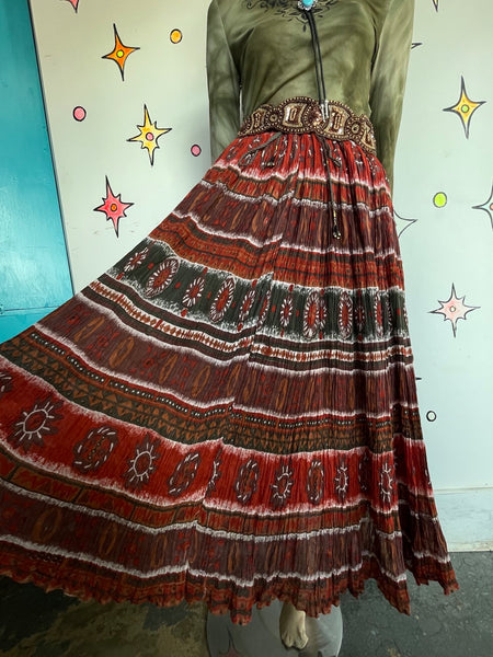 Vintage 80s 90s Red Western Boho Gauzy Flowy Maxi Skirt Global Coffeehouse