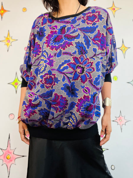 Vintage 80s 90s Purple Boho Fairy Grunge Digital Floral Batwing Sweater - XL