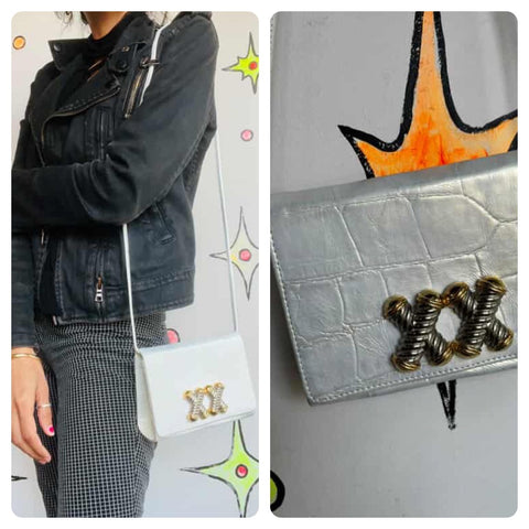 Vintage 90s Jenny Tee White Embossed Leather Vegan Alligator Crossbody Purse Bag