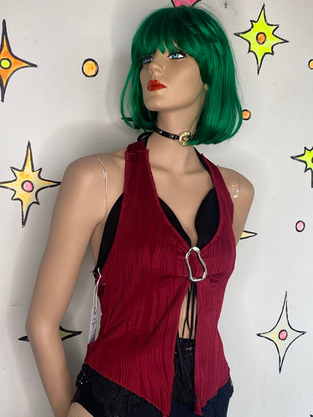 Red Halter Top Metal Hardware Pleated Rave Party Grunge Glam Y2K S