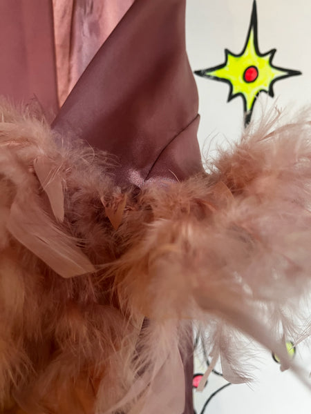 Vintage Pink Satin Feather Trim Boudoir Robe – Old Hollywood Glam Lingerie – M