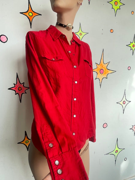 Red Pearl Snap Western Shirt Cowgirl Rodeo Button Up Boho Grunge Cotton Top - L
