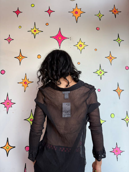 Black Sheer Silk Beaded Blouse Embroidered Evening Top Luxe Glam Whimsigoth XL