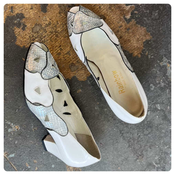 Vintage 80s White and Silver Snakeskin Leather Pumps | Italian Heels | 6.5/7