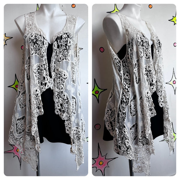 Vintage White Crochet Long Vest ' Boho Western Duster Fairy Grunge Lace Layer SM