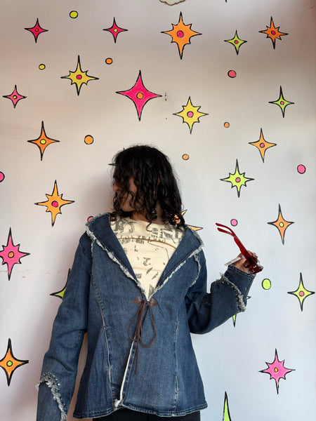 Studded Denim Western Blazer | Frayed Cowgirl Rodeo Jacket Oversized XL