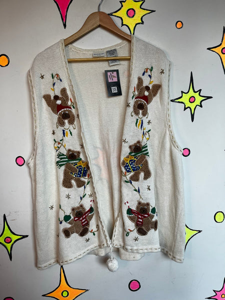 Vintage White Ugly Christmas Sweater Vest Zip Front Holiday Party Knit XL+