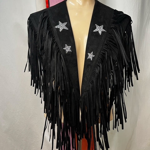 Retro Western Embellished Black Faux Suede Fringe Collar