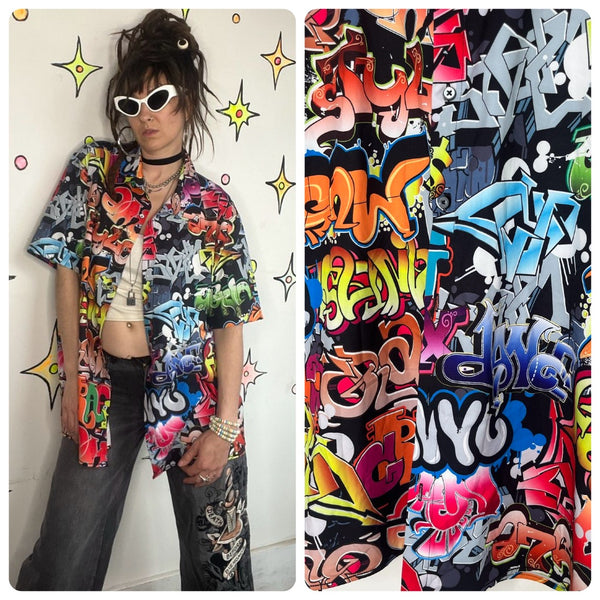 Vintage Graffiti Shirt Retro Y2K Pop Art Rainbow Top 90s Abstract Disco XL