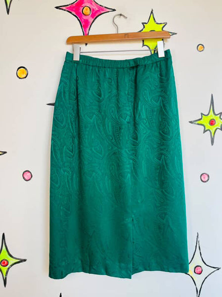 Mermaid Green 80s Silk Vintage Paisley Midi Pencil Skirt - M