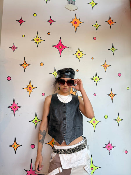 Vintage Black Leather Vest Western Biker Rocker Moto Grunge Vest S/M