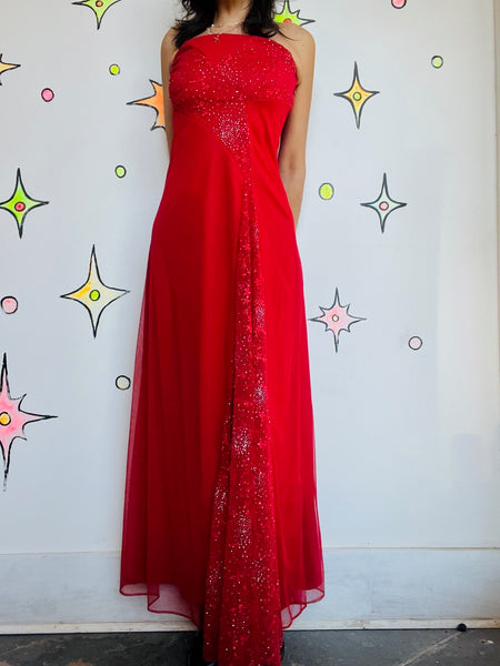 Vintage 90s Y2K Red Glitter Fairy Grunge Formal Strapless Holiday Maxi Dress – M