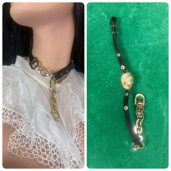 Vintage 80s Black Vegan Leather Lion Choker Collar - Gold Tone Hardware