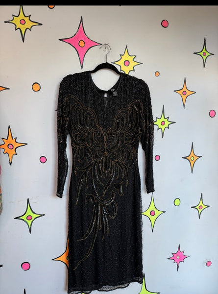 80s Black & Gold Fully Beaded Silk Gown Old Money Glam Mob Wife Cocktail Dress M