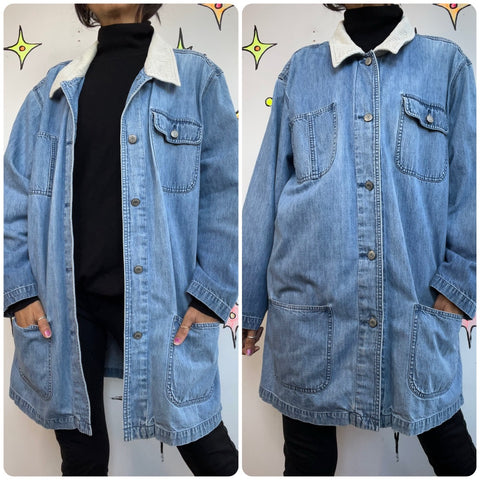 Vintage 90s Denim Chore Barber Jacket Coat w Corduroy Collar | Trench Coat | M