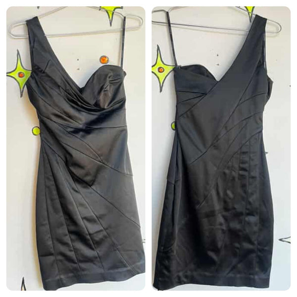 Y2K Bebe Draped Black One-Shoulder Bodycon Indie Sleaze Satin Party Dress | XS