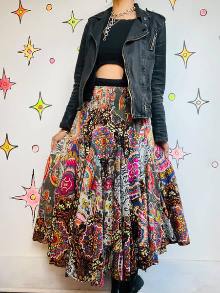 90s Y2K Rainbow Cotton Paisley Patchwork Fairy Boho Grunge Tiered Maxi Skirt | M