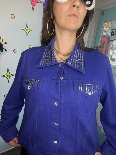 Purple Bling Denim Jacket Y2K Rhinestone Embellished Jean Jacket Maximalist L