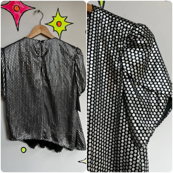 80s Metallic Silver Asymmetrical Disco Blouse – Shimmer Statement Top – S