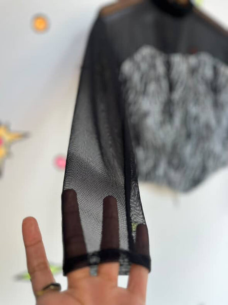 Vintage 90s Joseph Ribkoff Black Mesh Top Silver Zebra Stripe Velvet Burnout S