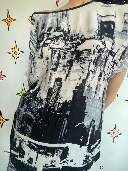Y2K Graphic Skyline Top Oversized Indie Sleaze McBling Retro Club Glam L/XL