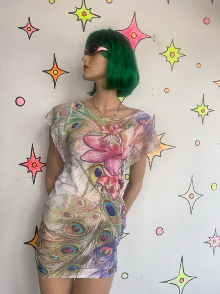 Y2K Pastel Tattoo Peacock Floral Dress Lace Flutter Sleeve Fairycore Mini - S