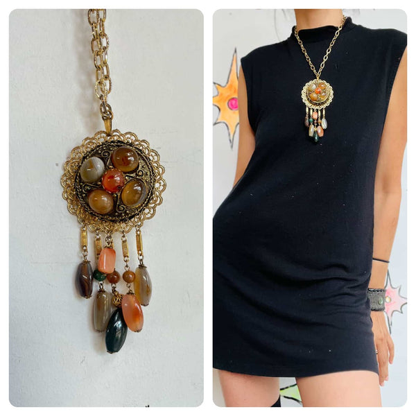 Vintage 60s 70s | Gold Plated Filigree Mixed Agate Talisman Pendant Necklace
