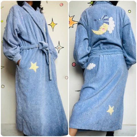 Vintage 80s 90s Celestial Moon & Stars Fuzzy Plush Bath Robe - Size L