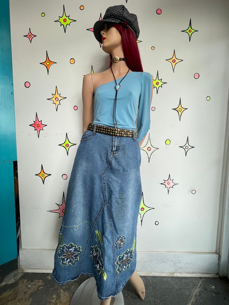 Y2K Embellished Denim Maxi Skirt Tattoo Print Patchwork Fairy Grunge Alt L