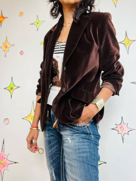 Vintage 70s Earthtone Chocolate Brown Velvet Blazer Jacket | Retro | Size 8