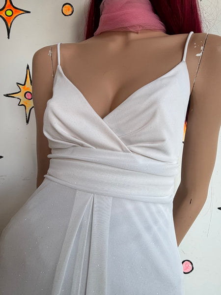 90s White Glitter Empire Slip Dress Marilyn Monroe Retro Glam Hankerchief Dress
