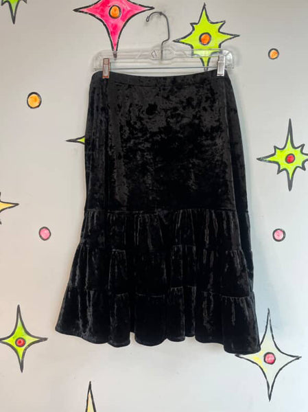Vintage Y2K Black Crushed Velvet Tiered Midi Skirt Fairy Grunge Whimsy Goth – L