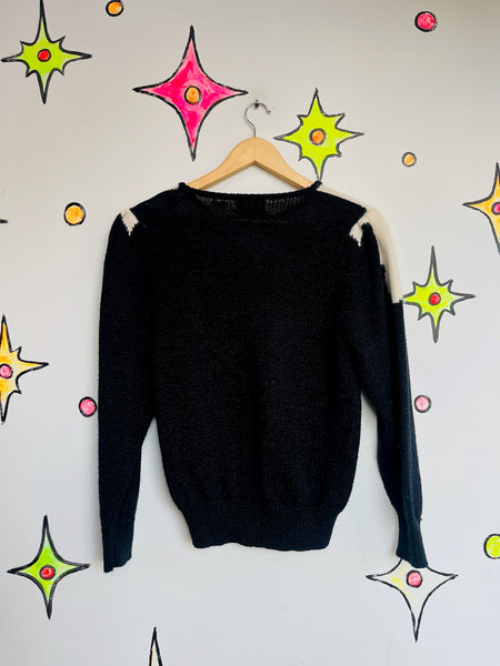 Vintage 80s Black Fuzzy Sweater Beaded Pearls | Whimsy Goth Cute Pullover M