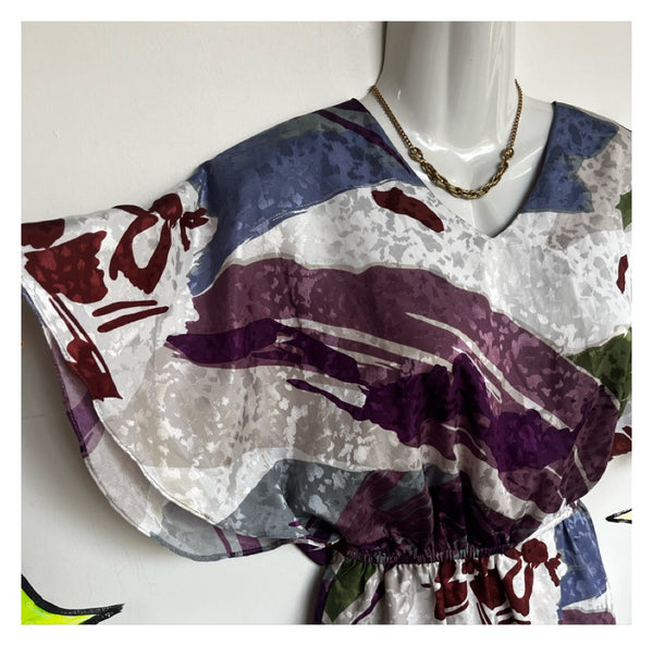 Vintage 80s | Purple Silky Abstract Flowy Goddess Secretary Dress | Medium