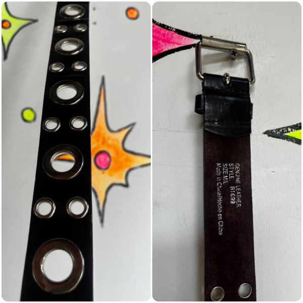 Vintage Y2K Black Vegan Leather Grommet Eyelet Utility Belt Adjustable 42.5"