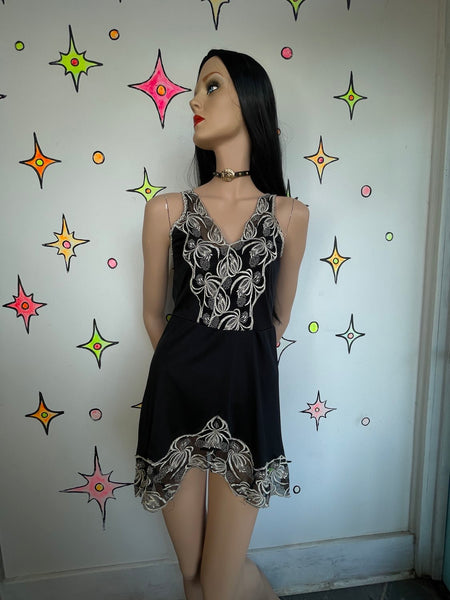 Black Slip Dress w Embroidered Lace – Grunge Lingerie Fairy Goth Party Mini S/M