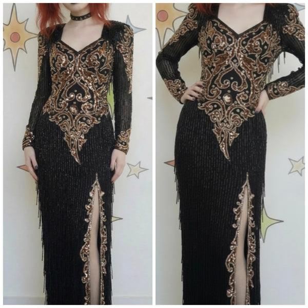 80s Black & Gold Beaded Silk Gown Fringe High Slit Old Money Mob Wife Glam S
