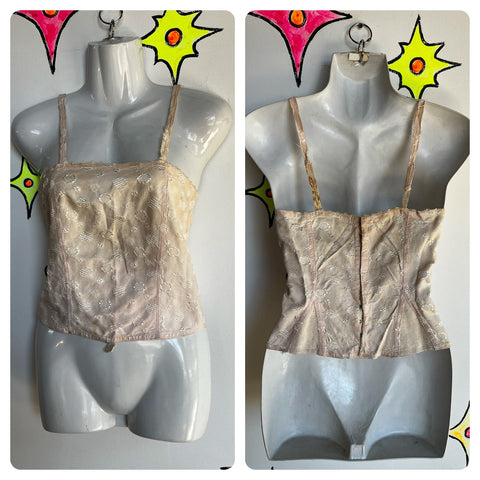 Vintage 1920s Bralette | Light Pink Embroidered Bustier Corset Lingerie | Small