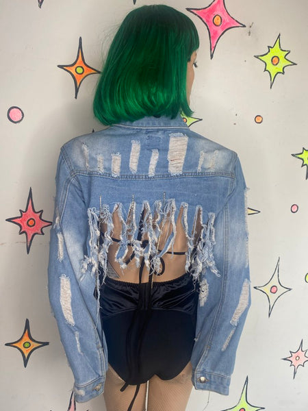 Y2K Rhinestone Cropped Fringe Denim Jacket Thrashed Indie Sleaze McBling M