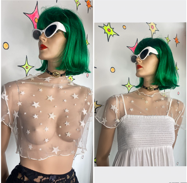 Sheer Star Mesh Mock Neck Crop Layering Top Celestial Cyber Y2K Fairycore M