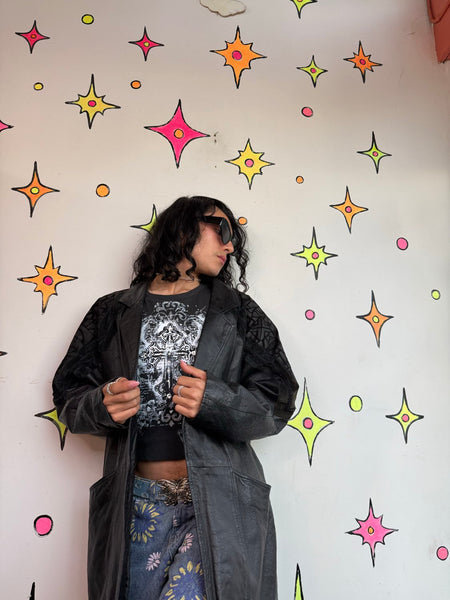 Black Leather Trench Coat 80s Patchwork Dolman Goth Moto Jacket Statement M