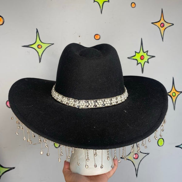 Black Beaded Fringe Cowgirl Hat | Rhinestone Western Goth Glam - One Size