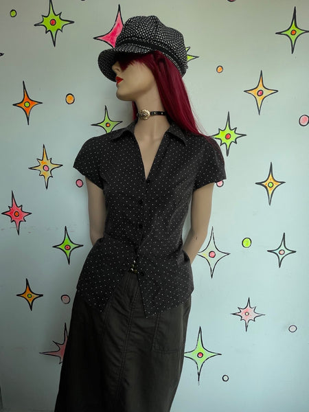 Vintage 90s Polka Dot Button Up Blouse Preppy Mall Goth Wardrobe Staple M